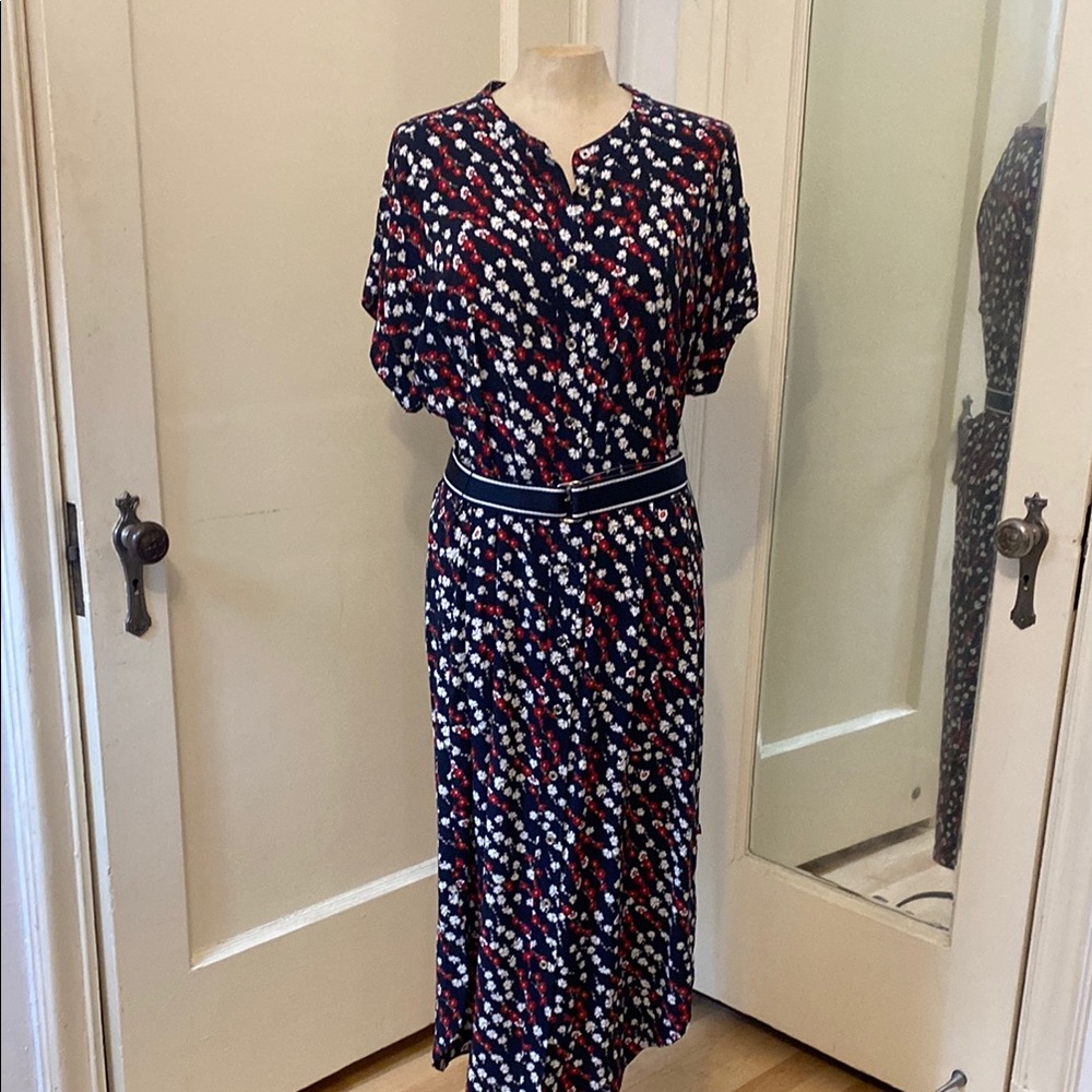 Floral Print Midi Dress - Navy, Red, and White